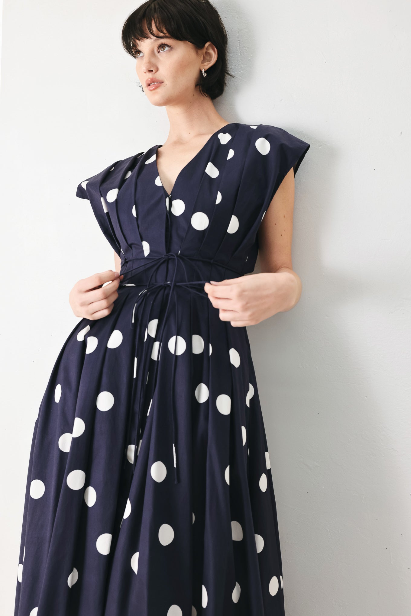 Blue Polka Dot V-Neck Midi Dress