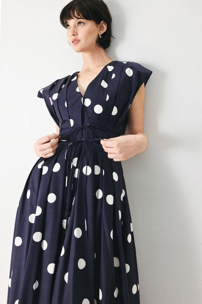 Blue Polka Dot V-Neck Midi Dress