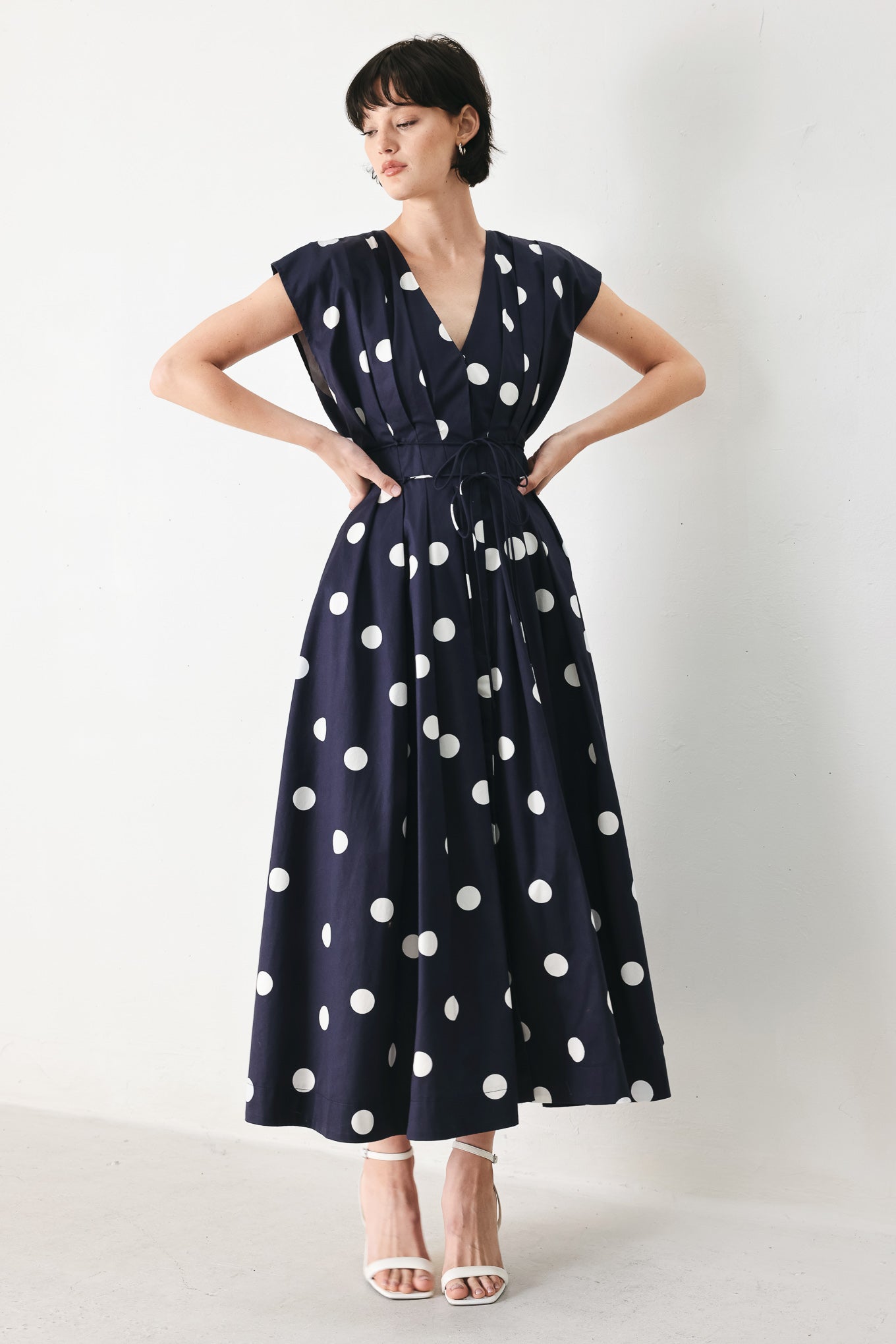 Blue Polka Dot V-Neck Midi Dress