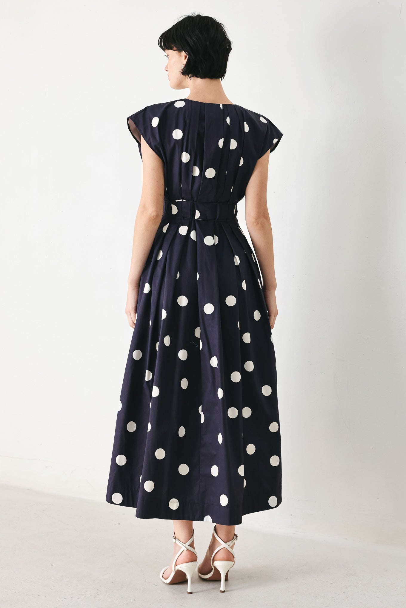 Blue Polka Dot V-Neck Midi Dress