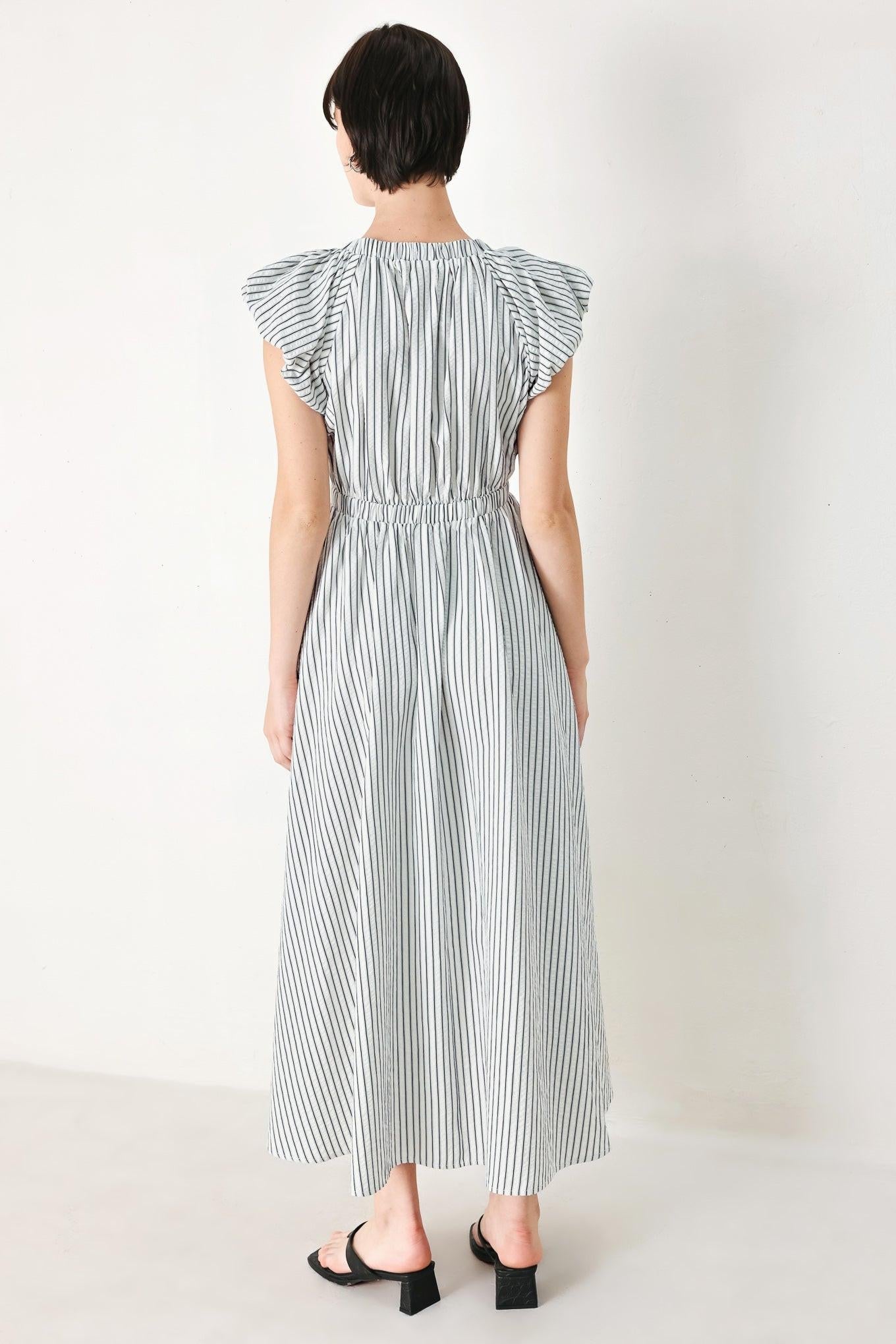 Lightweight Striped V-Neck Midi Dress with Short Balloon Sleeves