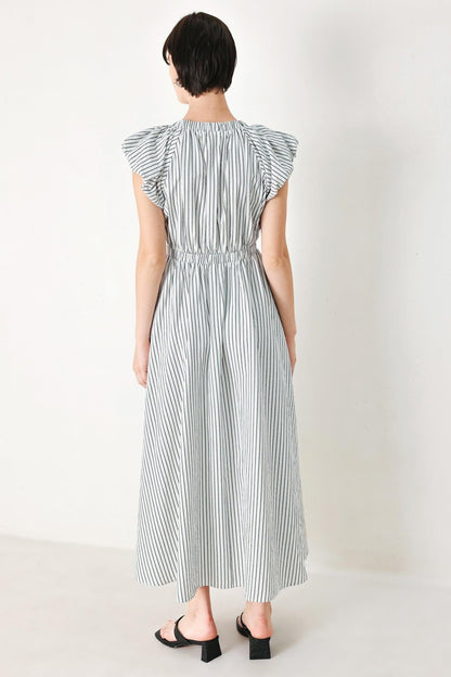 Lightweight Striped V-Neck Midi Dress with Short Balloon Sleeves