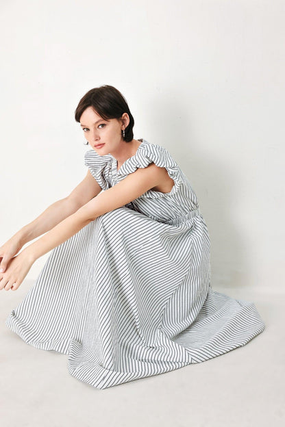 Lightweight Striped V-Neck Midi Dress with Short Balloon Sleeves