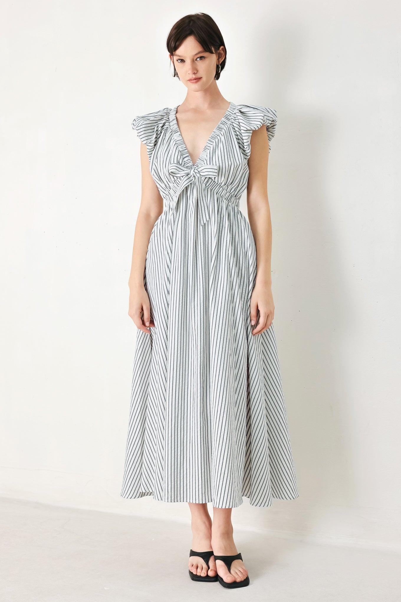 Lightweight Striped V-Neck Midi Dress with Short Balloon Sleeves