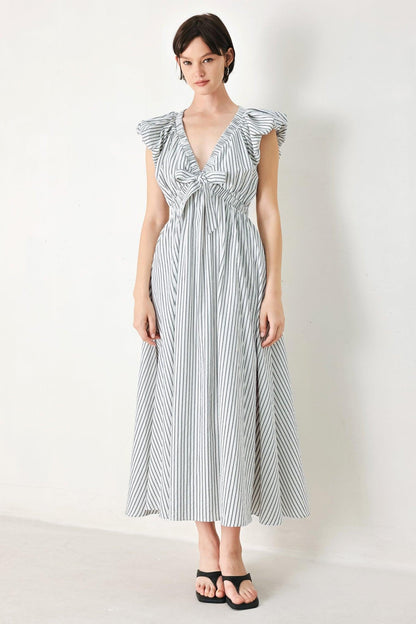 Lightweight Striped V-Neck Midi Dress with Short Balloon Sleeves