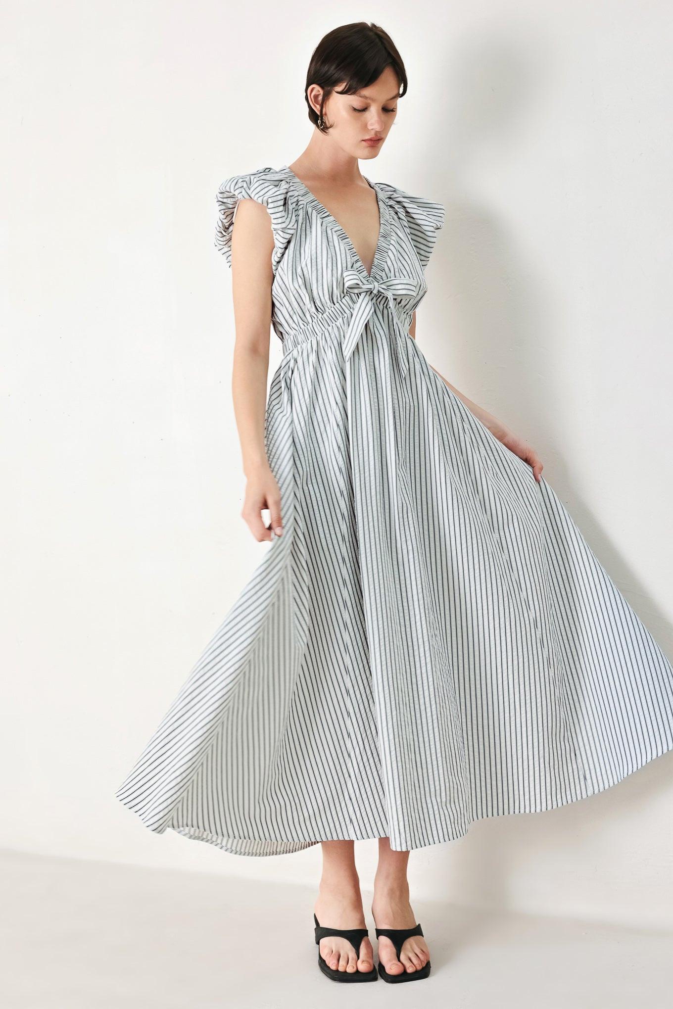 Lightweight Striped V-Neck Midi Dress with Short Balloon Sleeves