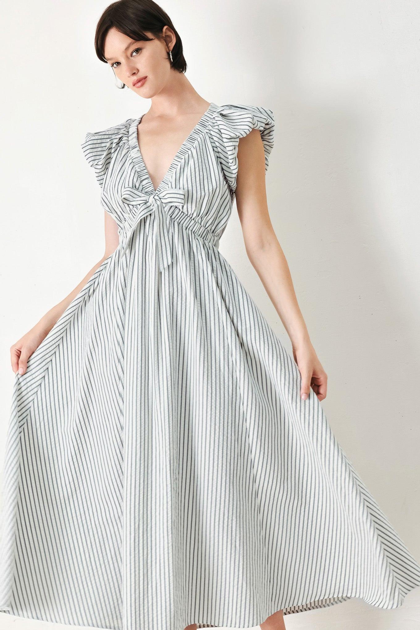 Lightweight Striped V-Neck Midi Dress with Short Balloon Sleeves