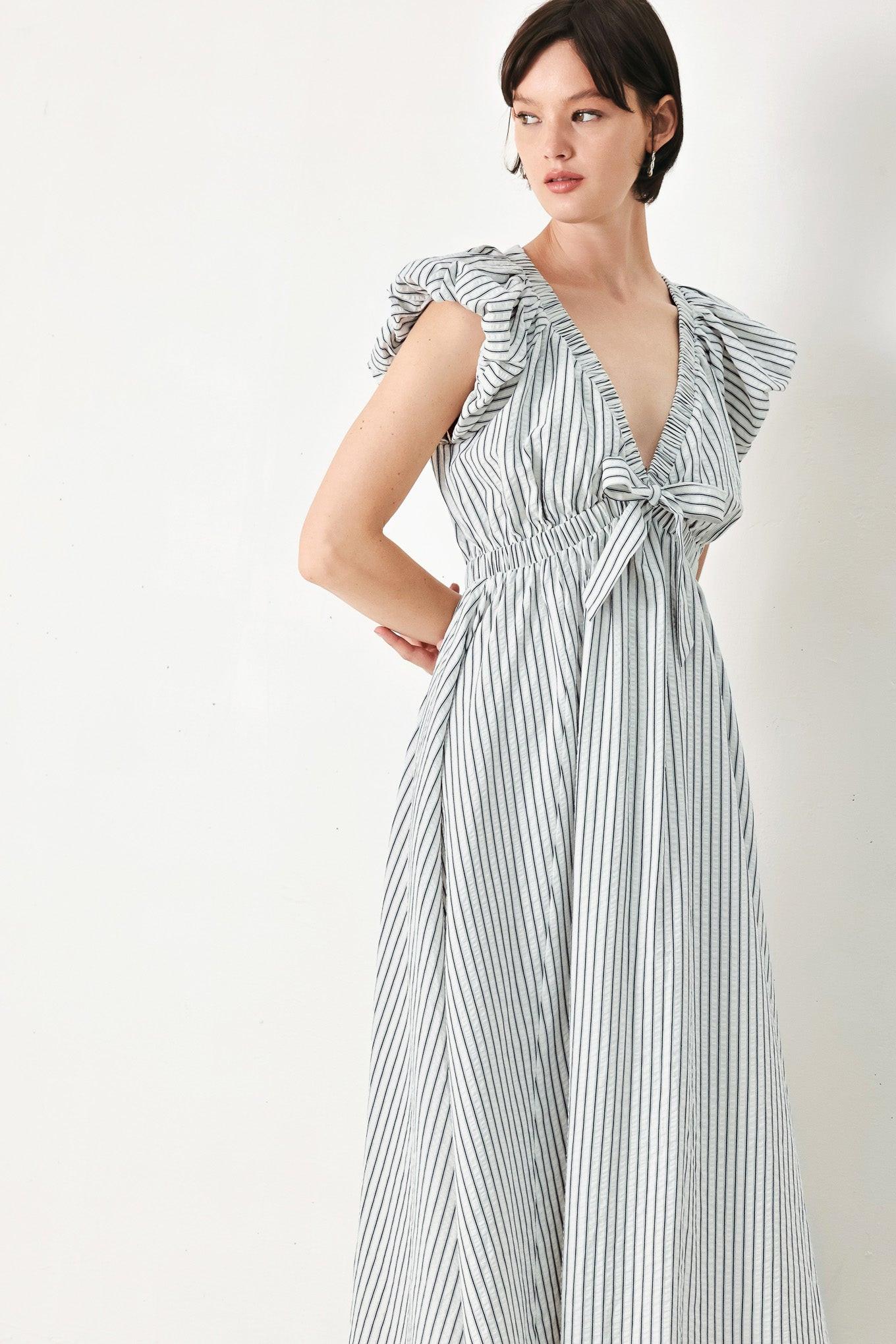 Lightweight Striped V-Neck Midi Dress with Short Balloon Sleeves
