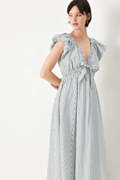 Lightweight Striped V-Neck Midi Dress with Short Balloon Sleeves