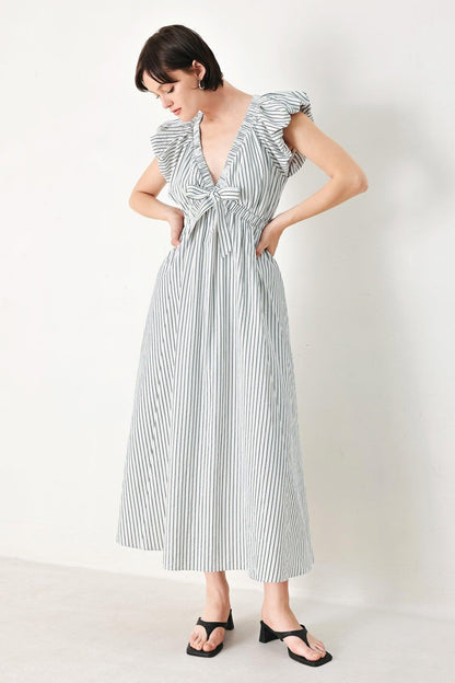 Lightweight Striped V-Neck Midi Dress with Short Balloon Sleeves