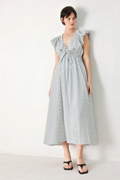 Lightweight Striped V-Neck Midi Dress with Short Balloon Sleeves