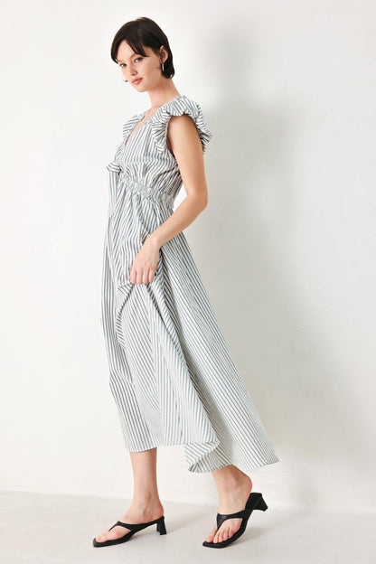 Lightweight Striped V-Neck Midi Dress with Short Balloon Sleeves