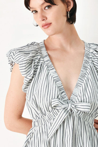 Lightweight Striped V-Neck Midi Dress with Short Balloon Sleeves