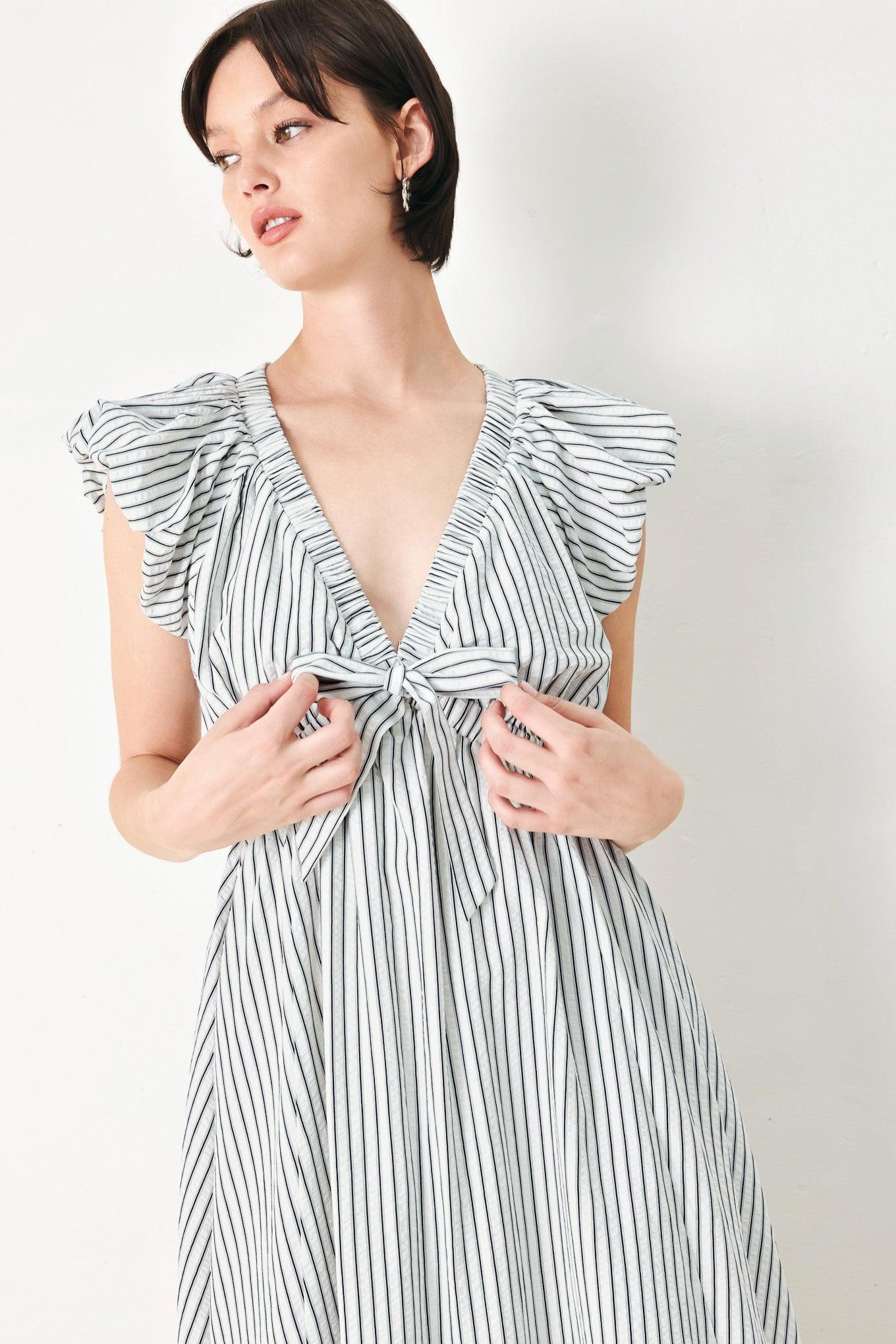 Lightweight Striped V-Neck Midi Dress with Short Balloon Sleeves