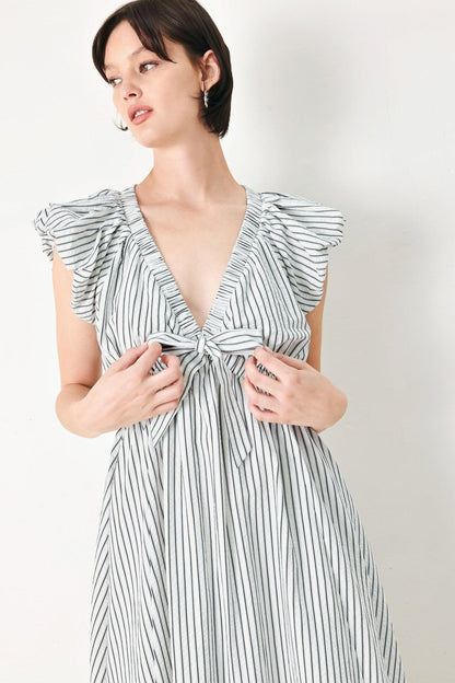 Lightweight Striped V-Neck Midi Dress with Short Balloon Sleeves