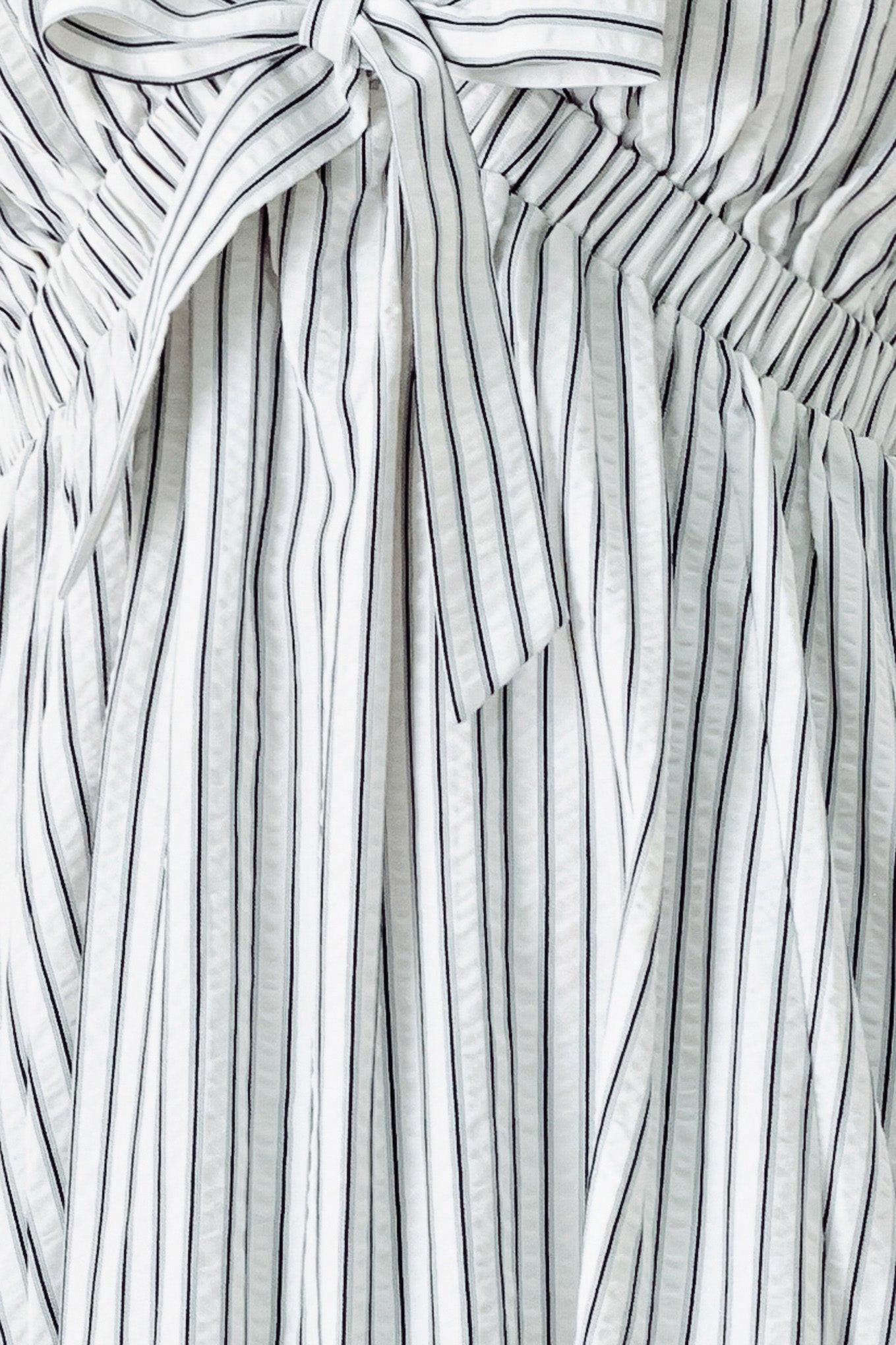 Lightweight Striped V-Neck Midi Dress with Short Balloon Sleeves