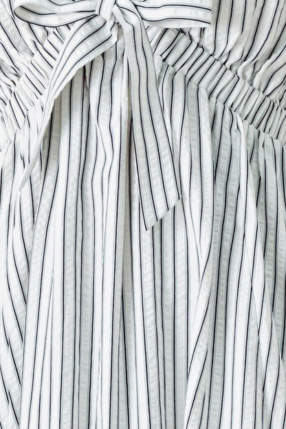 Lightweight Striped V-Neck Midi Dress with Short Balloon Sleeves