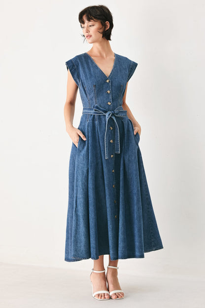 Short Sleeve Pleated Denim Midi Dress with Pockets