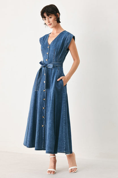 Short Sleeve Pleated Denim Midi Dress with Pockets