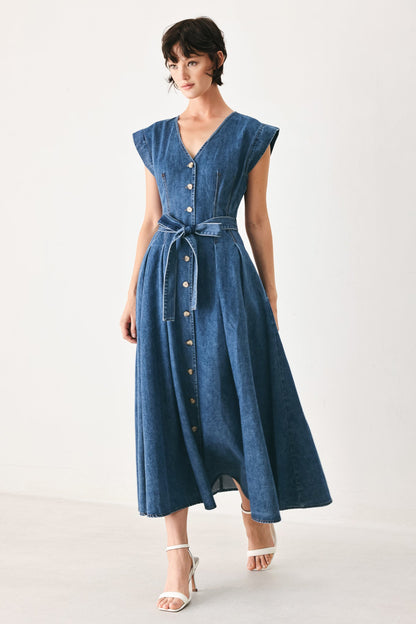 Short Sleeve Pleated Denim Midi Dress with Pockets
