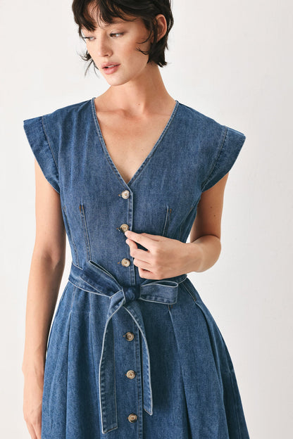 Short Sleeve Pleated Denim Midi Dress with Pockets