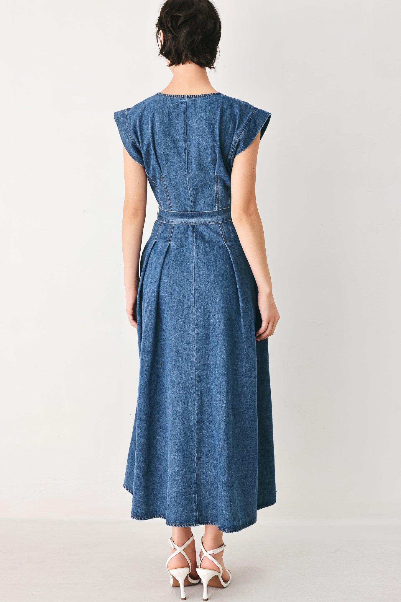 Short Sleeve Pleated Denim Midi Dress with Pockets
