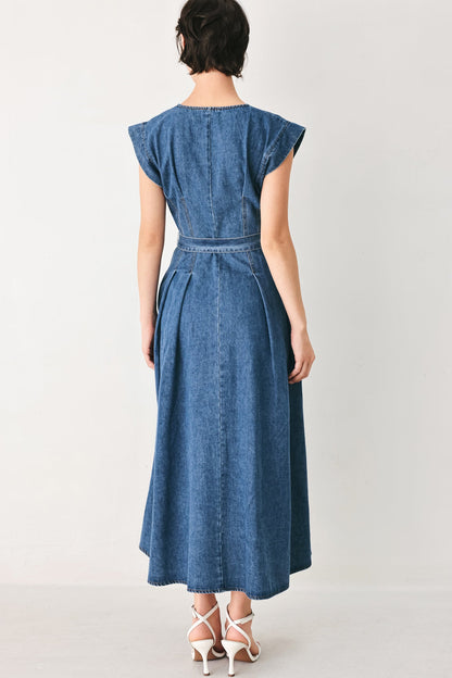 Short Sleeve Pleated Denim Midi Dress with Pockets