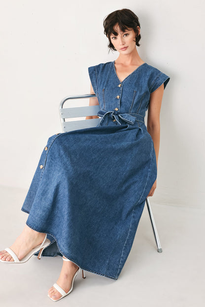 Short Sleeve Pleated Denim Midi Dress with Pockets