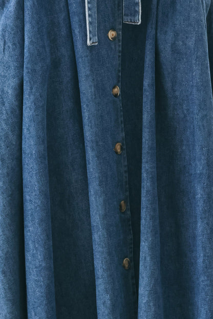Short Sleeve Pleated Denim Midi Dress with Pockets