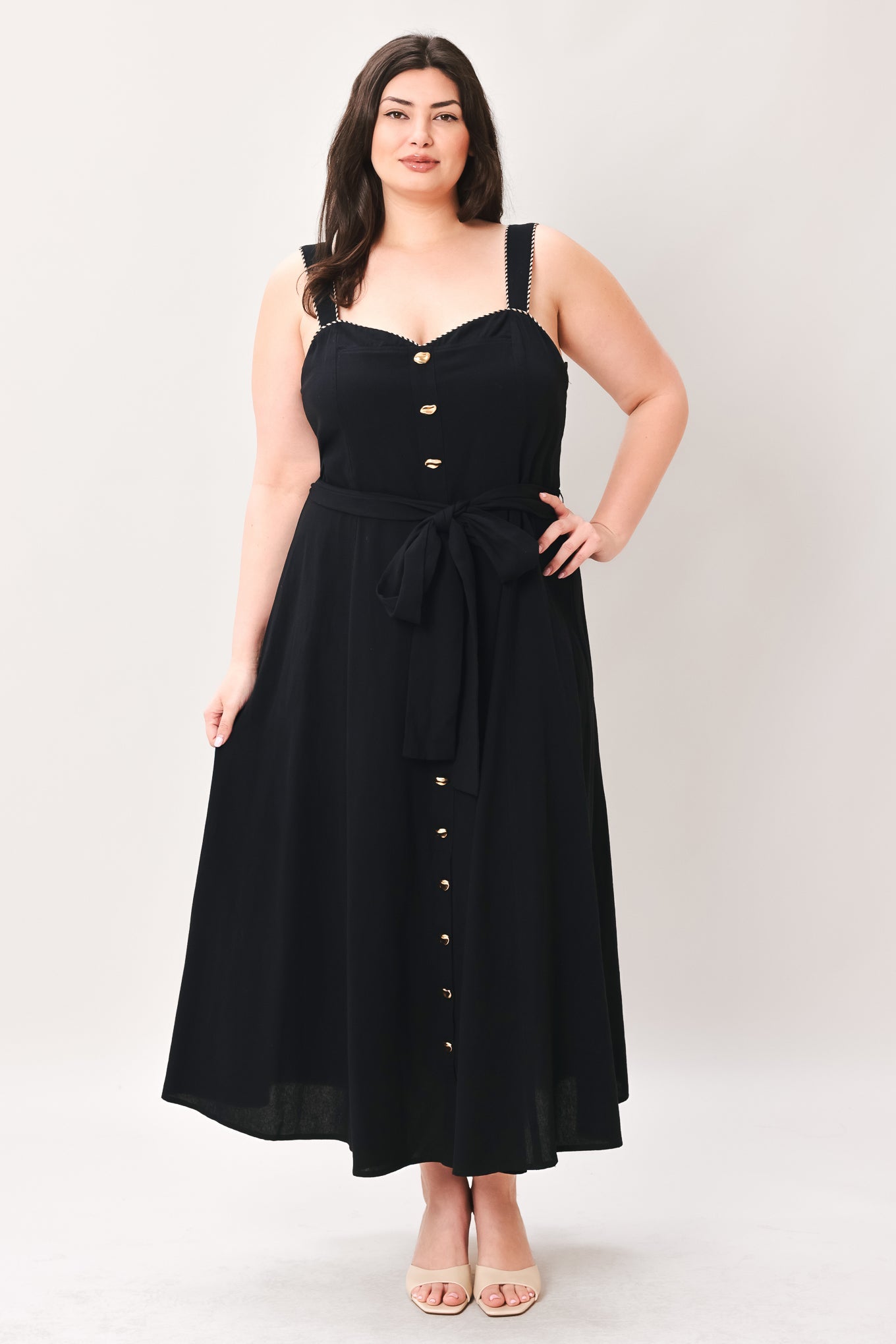 Sweetheart Midi Dress with Front Bow Tie & Pockets