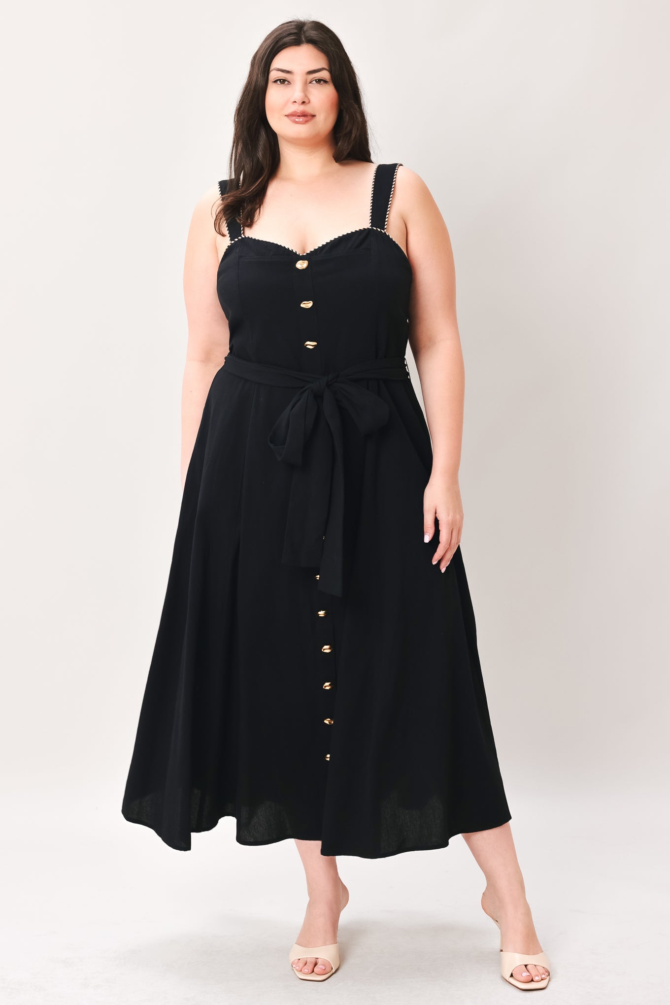 Sweetheart Midi Dress with Front Bow Tie & Pockets