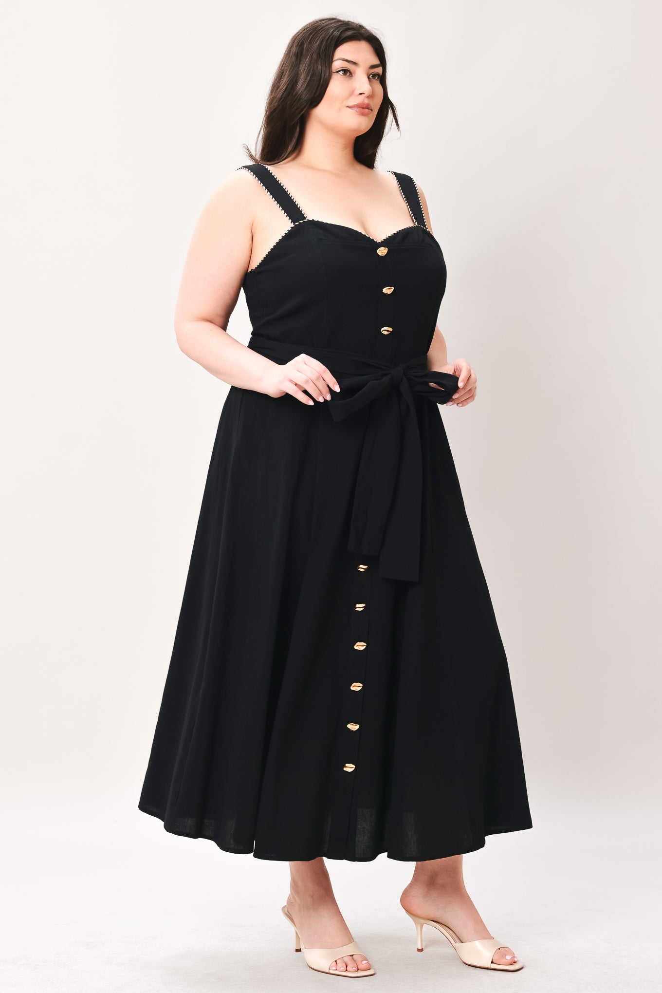 Sweetheart Midi Dress with Front Bow Tie & Pockets