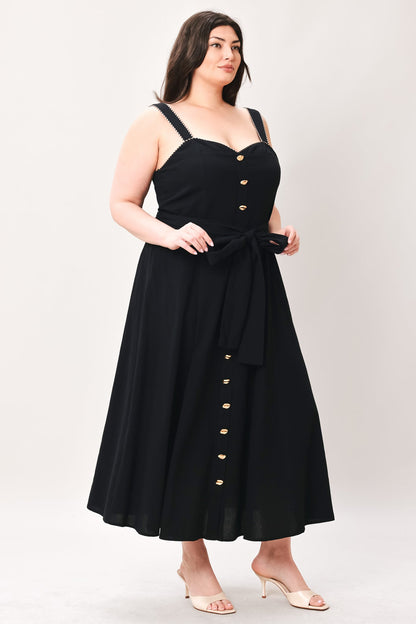 Sweetheart Midi Dress with Front Bow Tie & Pockets