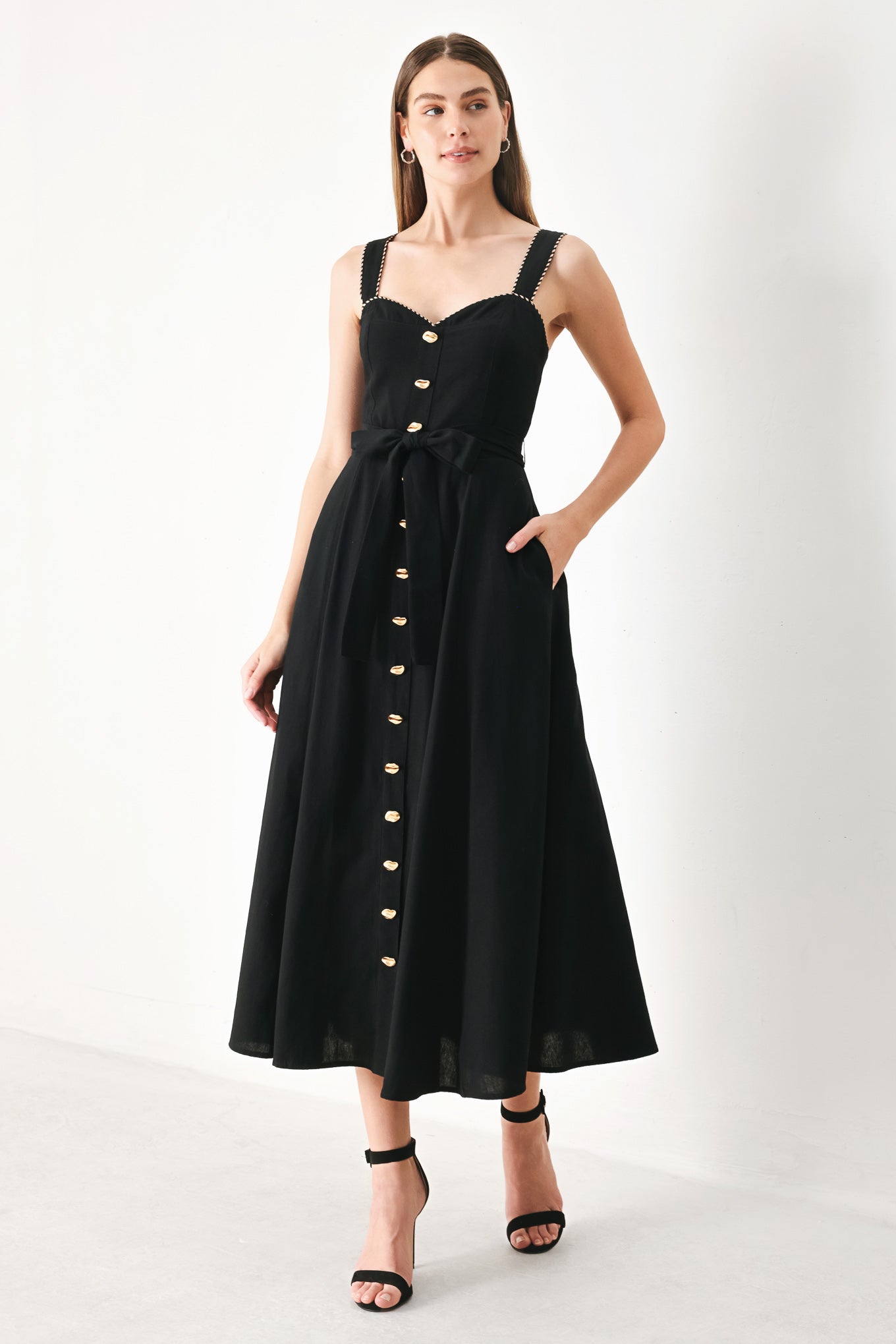 Sweetheart Midi Dress with Front Bow Tie & Pockets