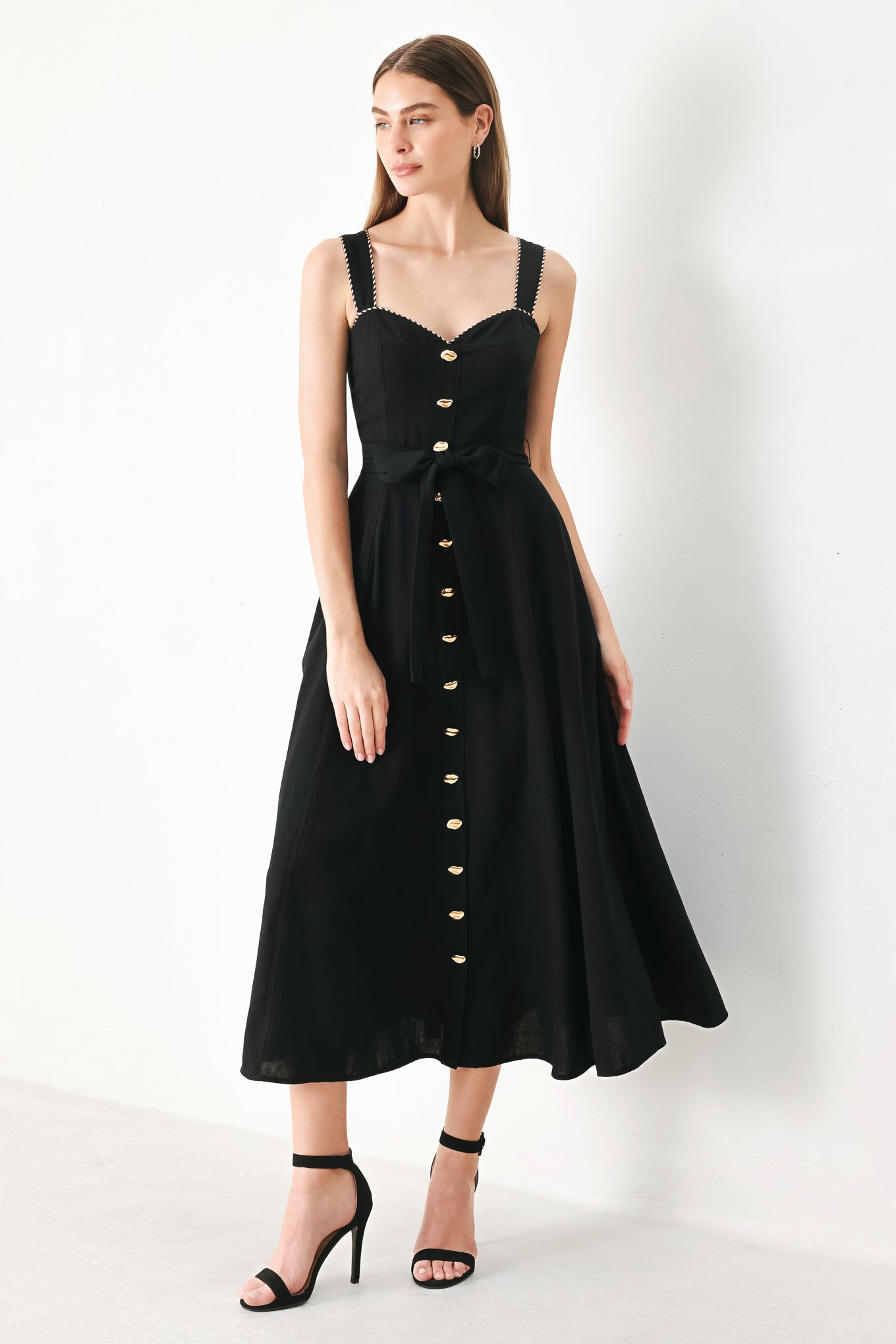 Sweetheart Midi Dress with Front Bow Tie & Pockets