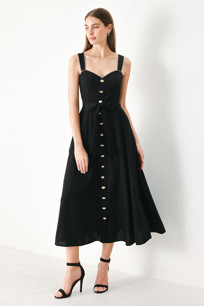 Sweetheart Midi Dress with Front Bow Tie & Pockets