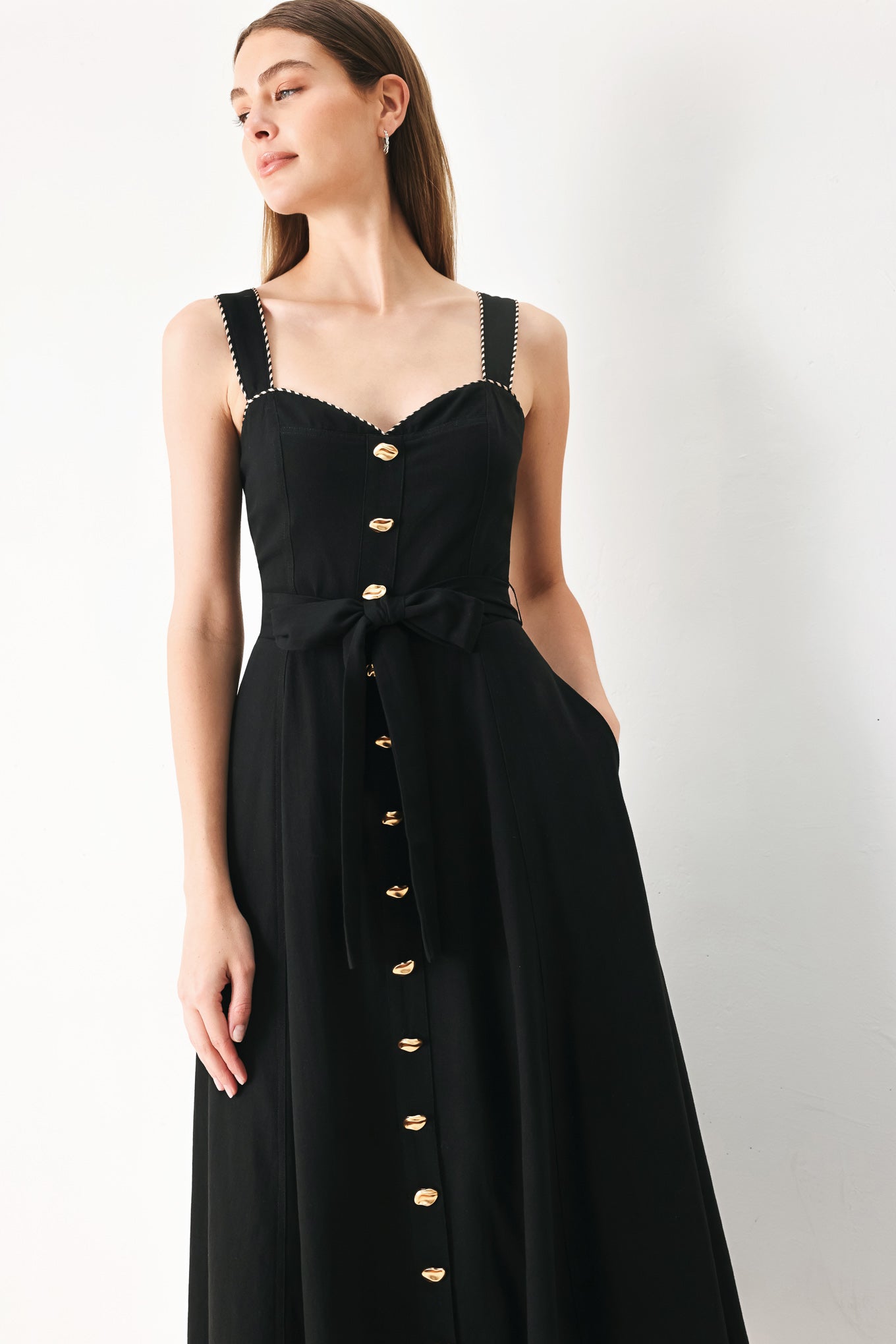 Sweetheart Midi Dress with Front Bow Tie & Pockets