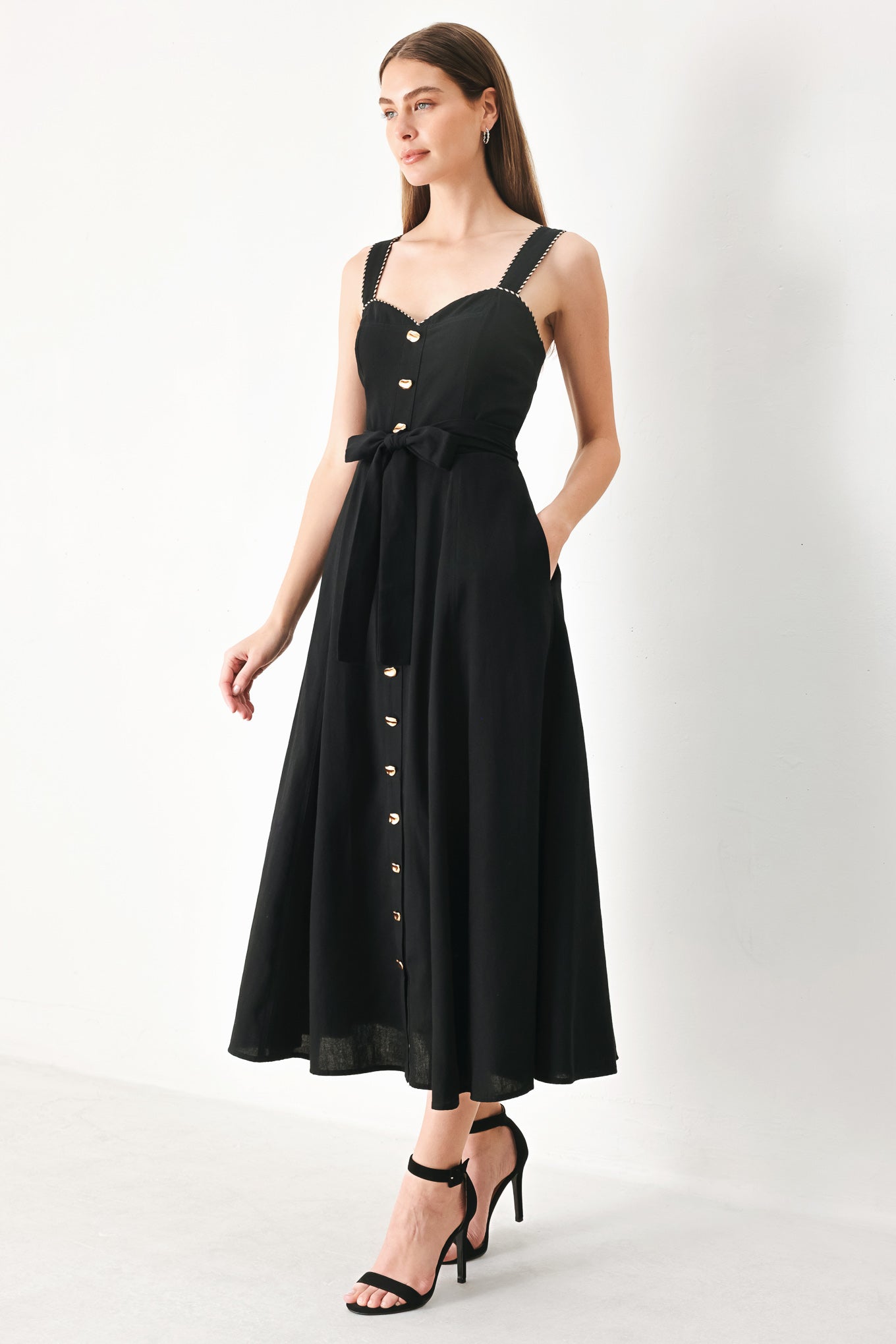 Sweetheart Midi Dress with Front Bow Tie & Pockets