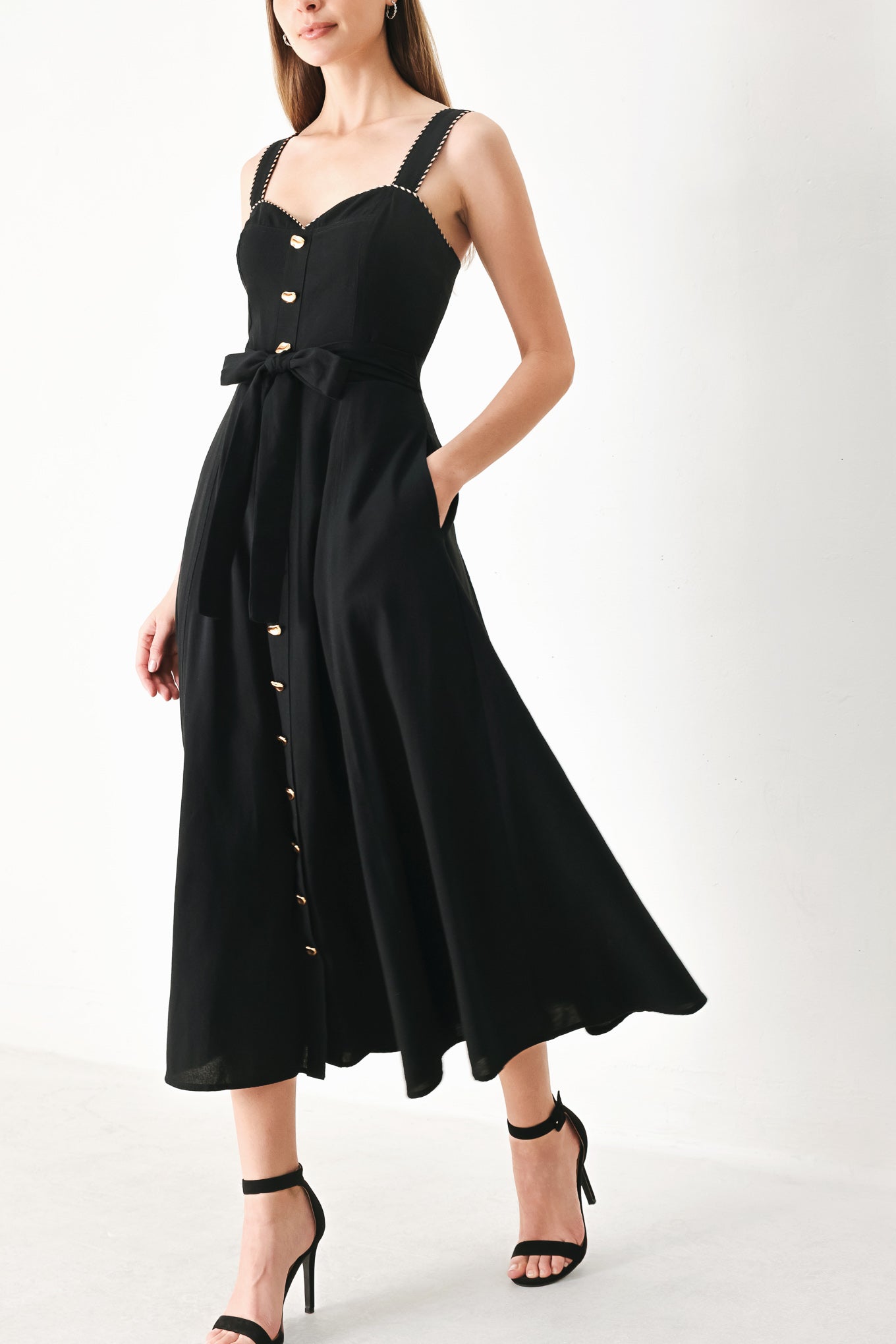 Sweetheart Midi Dress with Front Bow Tie & Pockets
