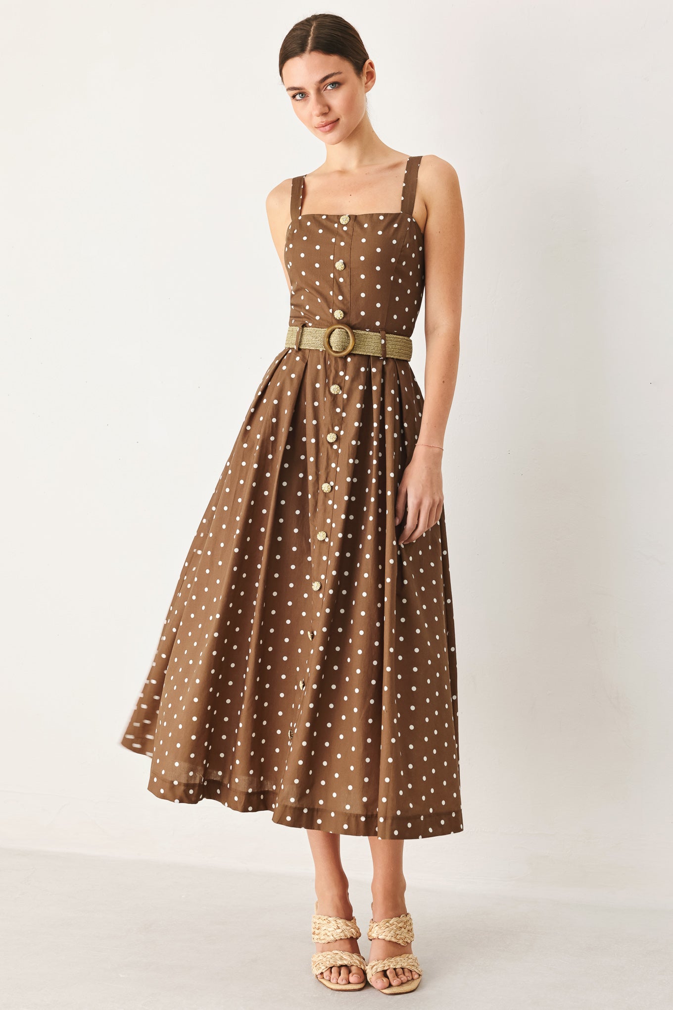 Square Neck Polka Dot Midi Dress