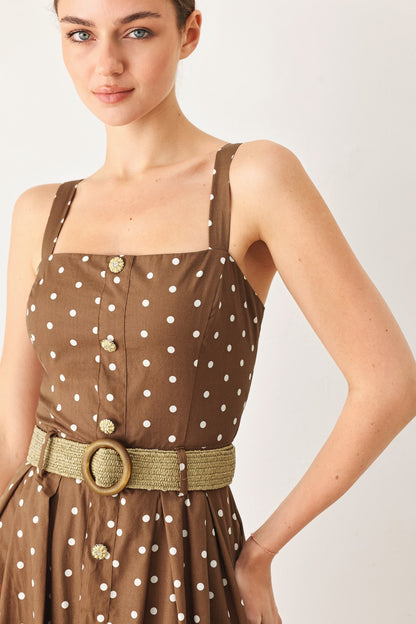 Square Neck Polka Dot Midi Dress