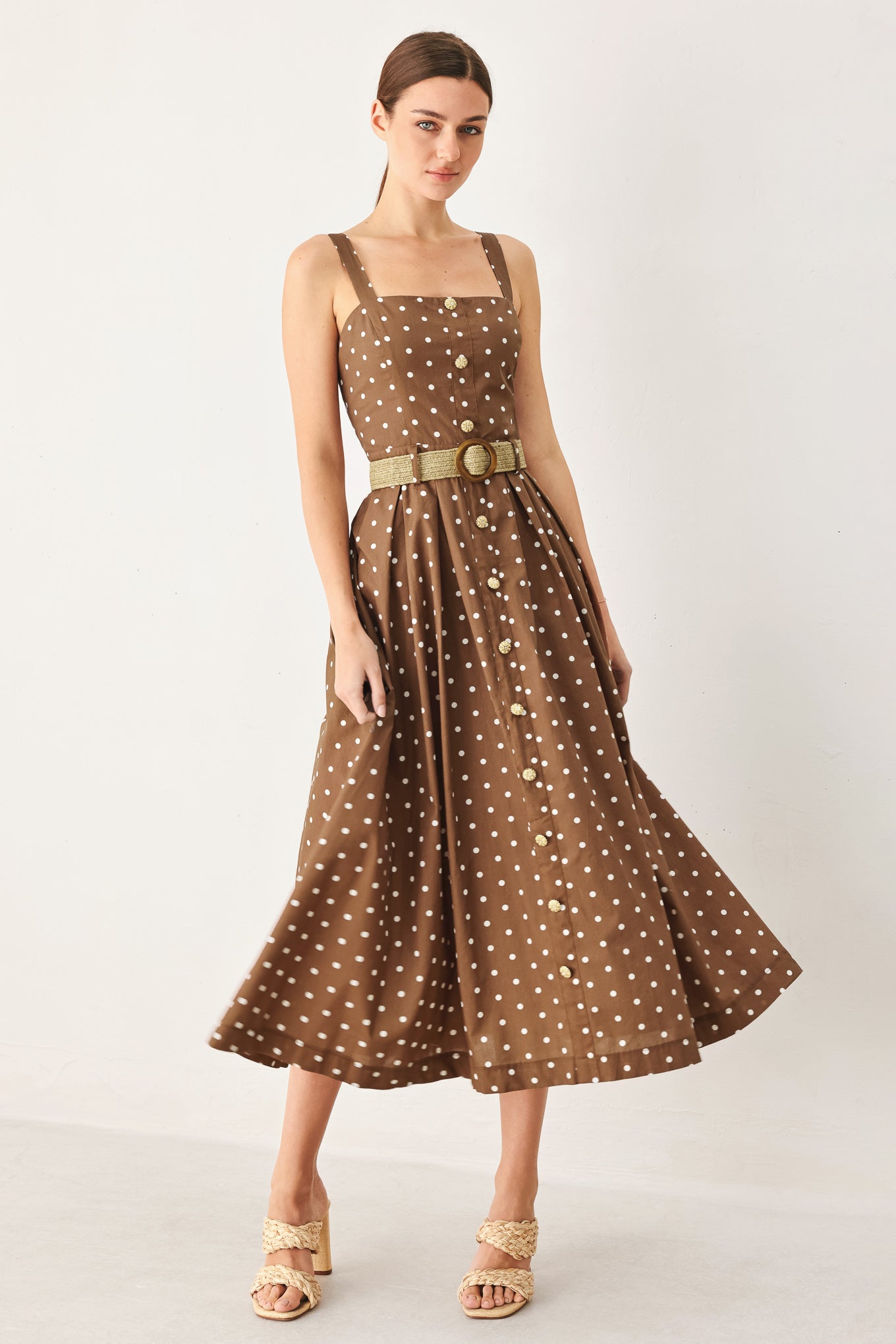 Square Neck Polka Dot Midi Dress