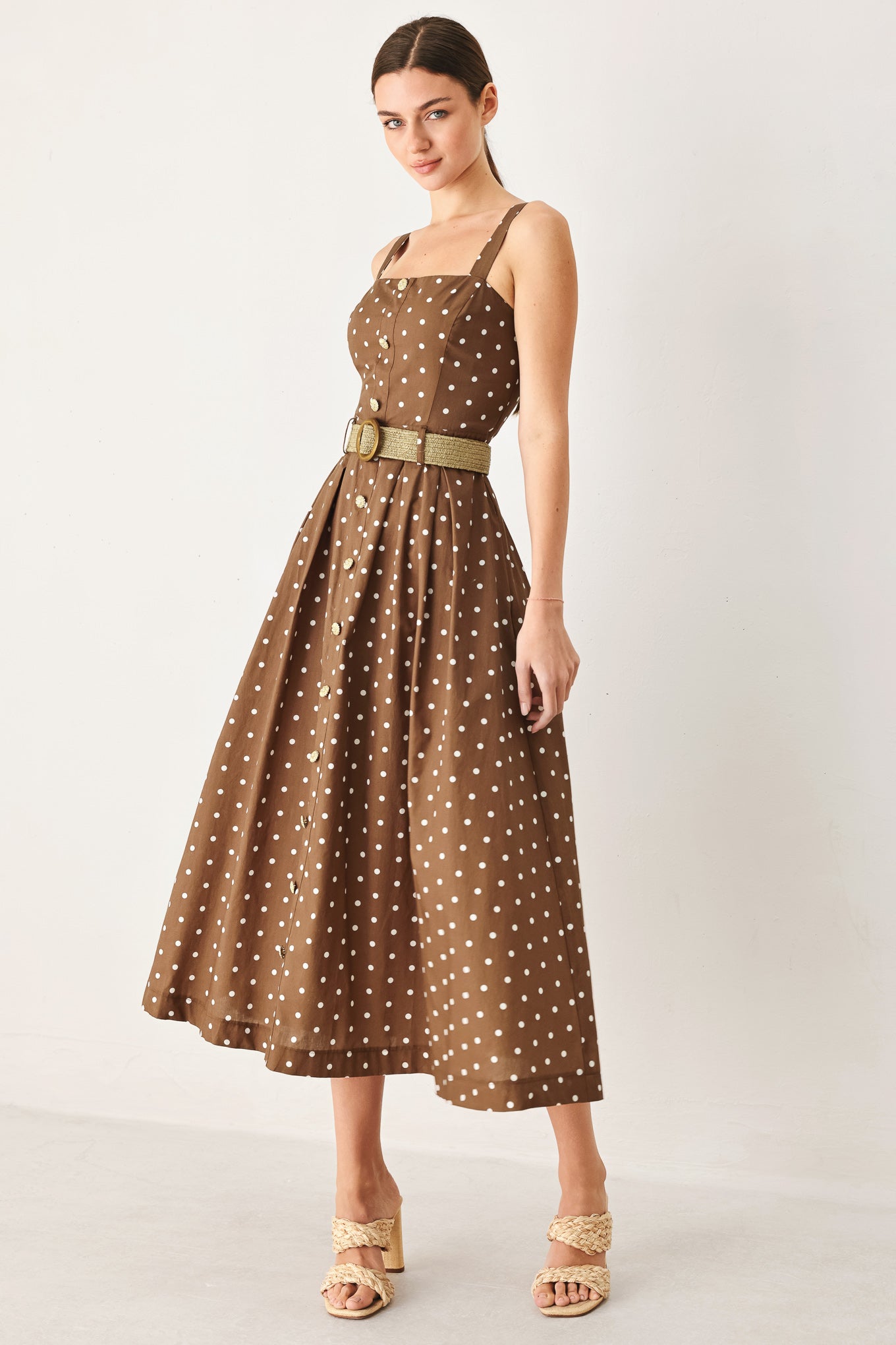 Square Neck Polka Dot Midi Dress