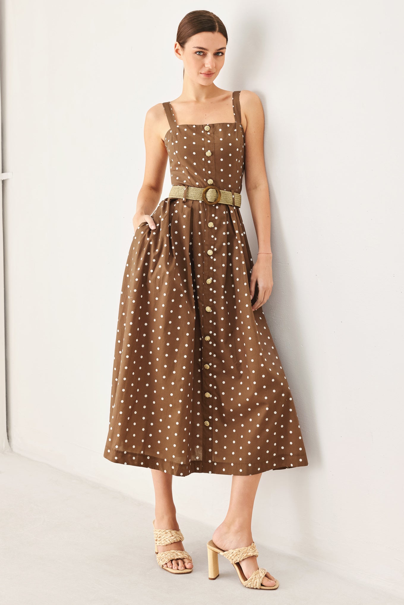 Square Neck Polka Dot Midi Dress