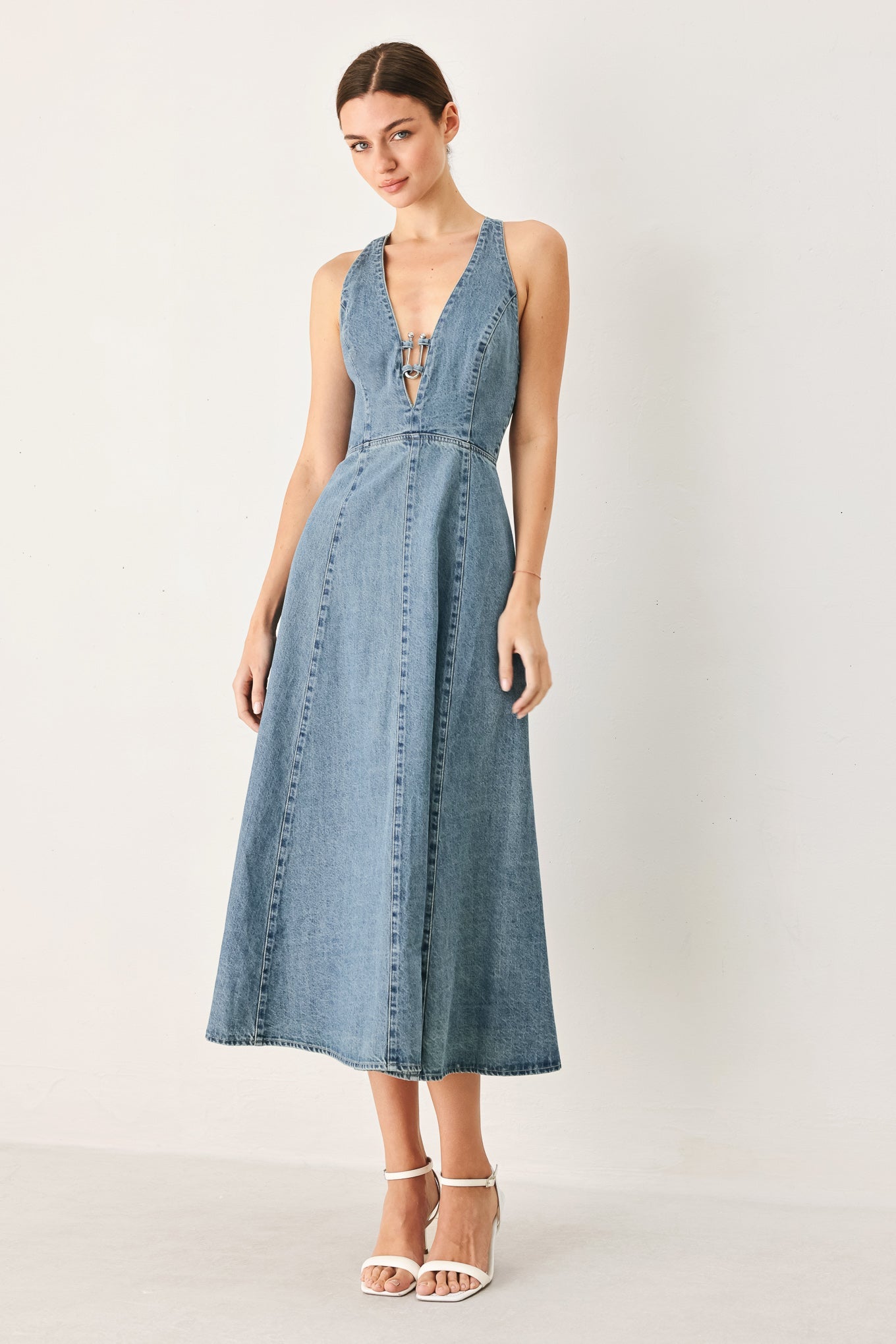 Deep V Neck Denim Midi Dress