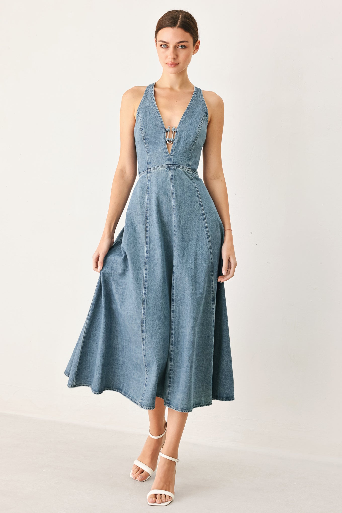 Deep V Neck Denim Midi Dress