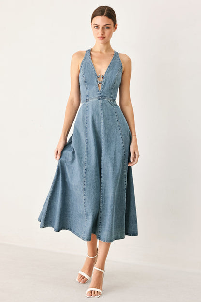 Deep V Neck Denim Midi Dress