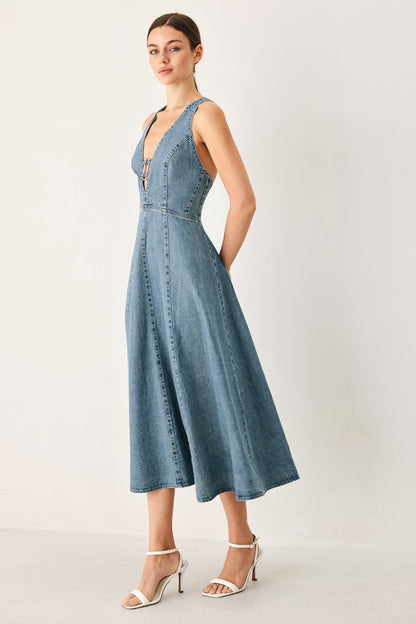 Deep V Neck Denim Midi Dress