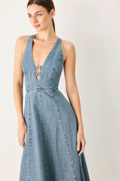 Deep V Neck Denim Midi Dress