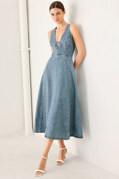Deep V Neck Denim Midi Dress